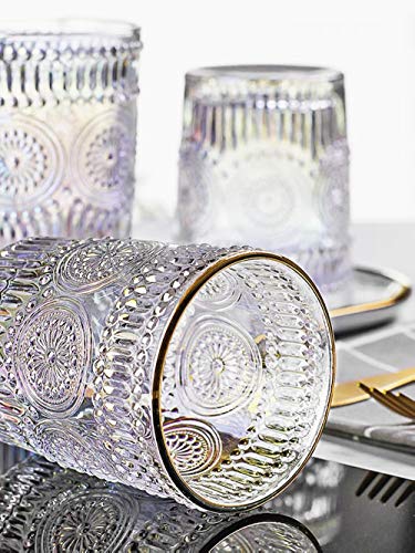 Iridescent Embossed Drinking Glass Gold Rim Water Glass Baroque Clear Crystal Unleaded Wine Milk Juice Coffee Glass,11.7oz,Makeup Brush/Pen/Pencil/Toothbrush Holder (Large)