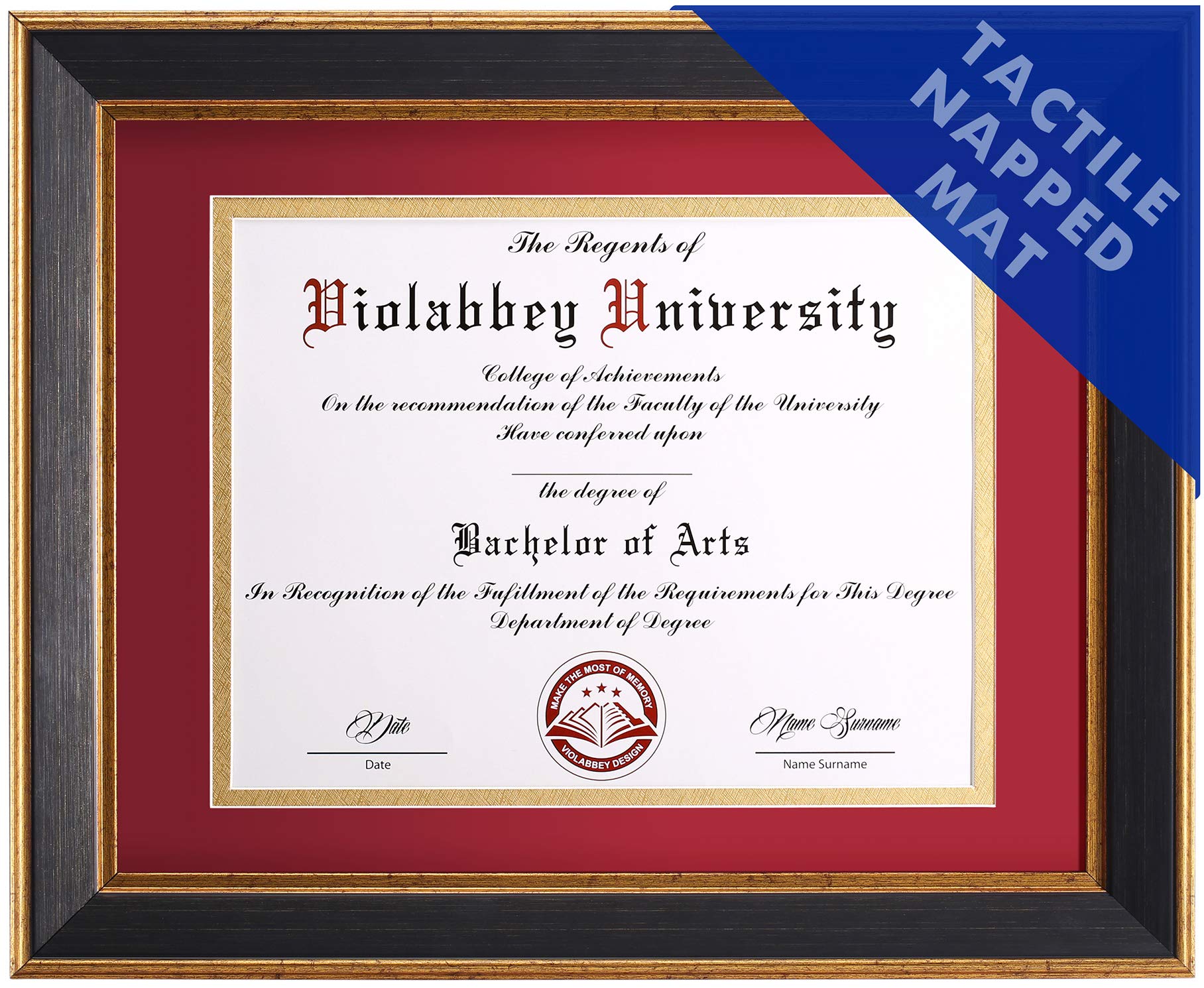 VIOLABBEY 8.5x11 Diploma Frame Black, 8.5 x 11 Certificate Frame with Mat or 11x14 College Degree Frames without Mat, Wall or Tabletop Display, Tempered glass (Red Gold Double Mat)