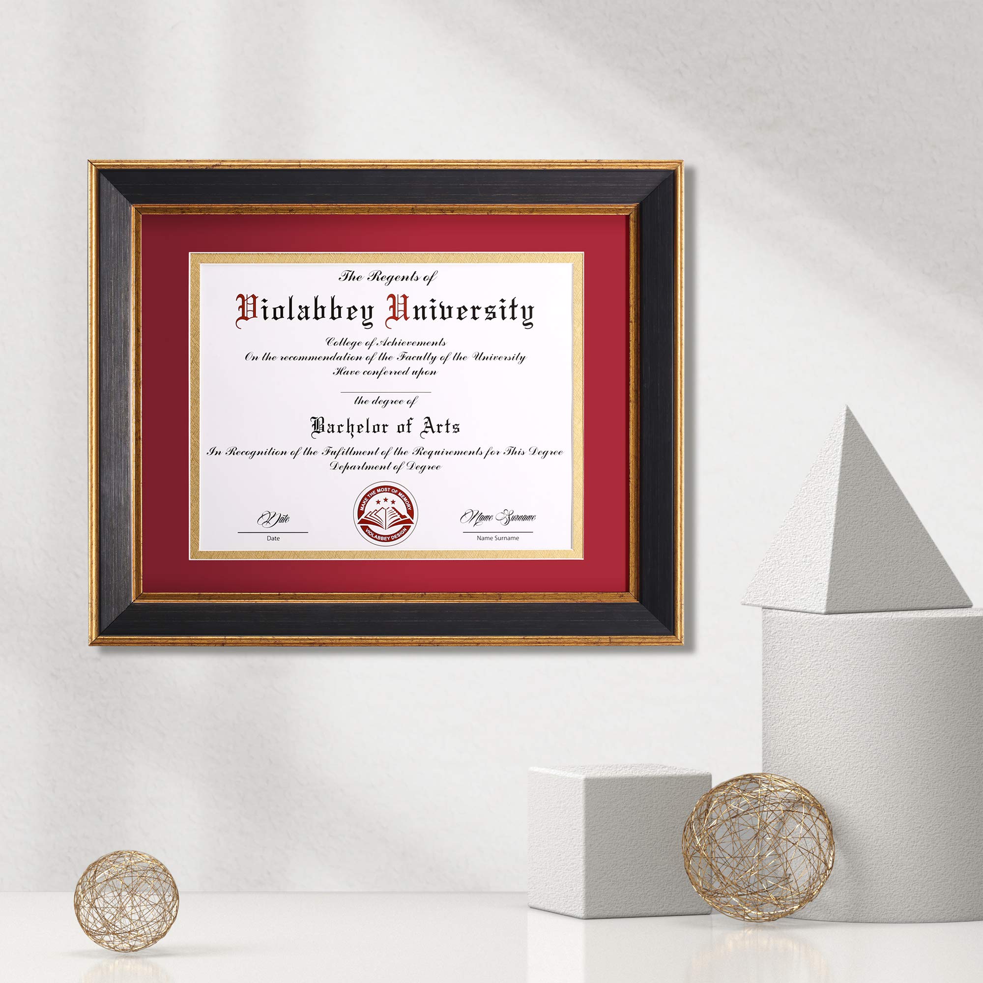 VIOLABBEY 8.5x11 Diploma Frame Black, 8.5 x 11 Certificate Frame with Mat or 11x14 College Degree Frames without Mat, Wall or Tabletop Display, Tempered glass (Red Gold Double Mat)