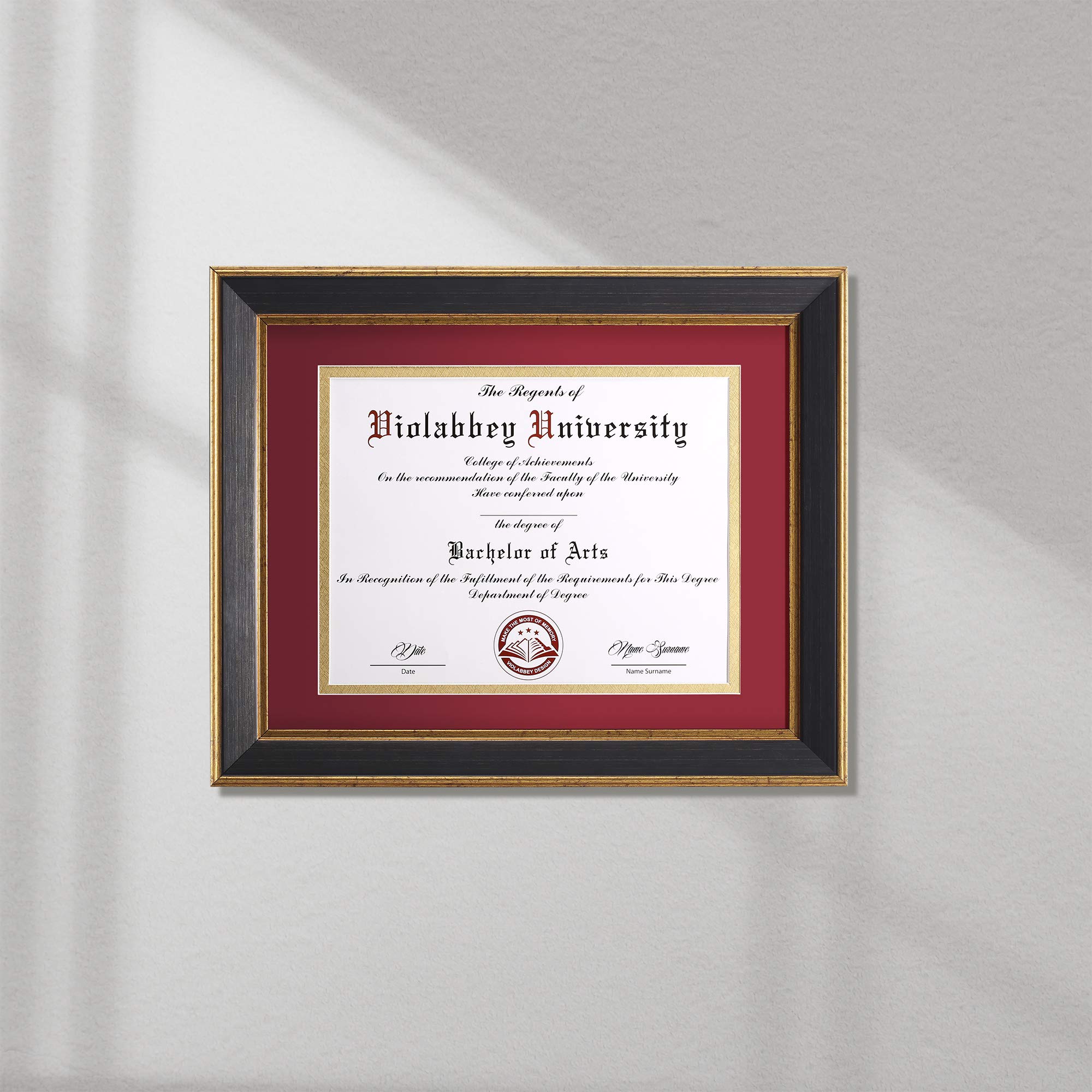 VIOLABBEY 8.5x11 Diploma Frame Black, 8.5 x 11 Certificate Frame with Mat or 11x14 College Degree Frames without Mat, Wall or Tabletop Display, Tempered glass (Red Gold Double Mat)