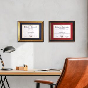 VIOLABBEY 8.5x11 Diploma Frame Black, 8.5 x 11 Certificate Frame with Mat or 11x14 College Degree Frames without Mat, Wall or Tabletop Display, Tempered glass (Red Gold Double Mat)