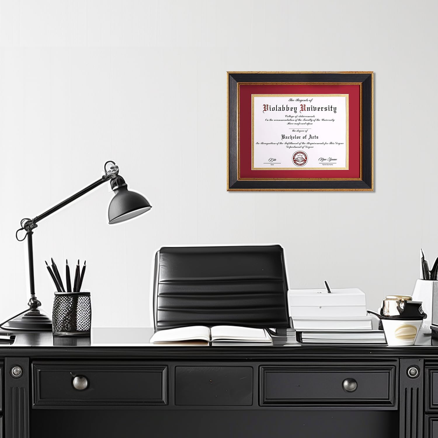 VIOLABBEY 8.5x11 Diploma Frame Black, 8.5 x 11 Certificate Frame with Mat or 11x14 College Degree Frames without Mat, Wall or Tabletop Display, Tempered glass (Red Gold Double Mat)