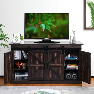 turbro fireside fs58 tv stand, supports tvs up to 65", with farmhouse style sliding barn door, entertainment center and adjustable shelves for living room storage, espresso (tv stand only)