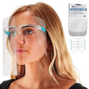 tcp global salon world safety face shields with glasses frames (pack of 4) - ultra clear protective full face shields to protect eyes, nose, mouth - anti-fog pet plastic sanitary droplet splash guard