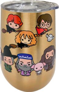 spoontiques harry potter stainless steel wine tumbler with locking lid, 16 oz - hogwarts characters in cartoon