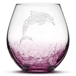 integrity bottles tribal dolphin design stemless wine glass, handmade, handblown, hand etched gifts, sand carved, 18oz (crackle purple)