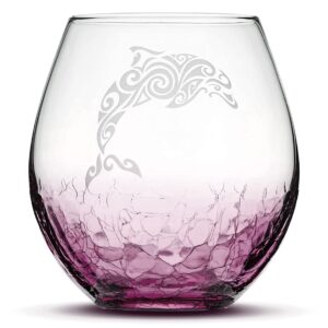 Integrity Bottles Tribal Dolphin Design Stemless Wine Glass, Handmade, Handblown, Hand Etched Gifts, Sand Carved, 18oz (Crackle Purple)