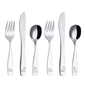 exzact kids flatware 6 pieces set - stainless steel silverware 2 x forks, 2 x safe table knife, 2 x tablespoons - child toddler utensils - dinosaurs engraved