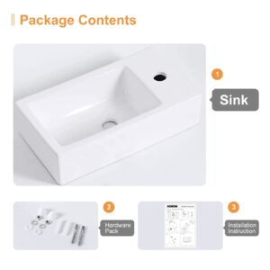 HOROW Bathroom Small Wall Mount Rectangle Sink White Porcelain Ceramic Vessel Sink 18''L x 10''W x 4.72''H (Right Hand)