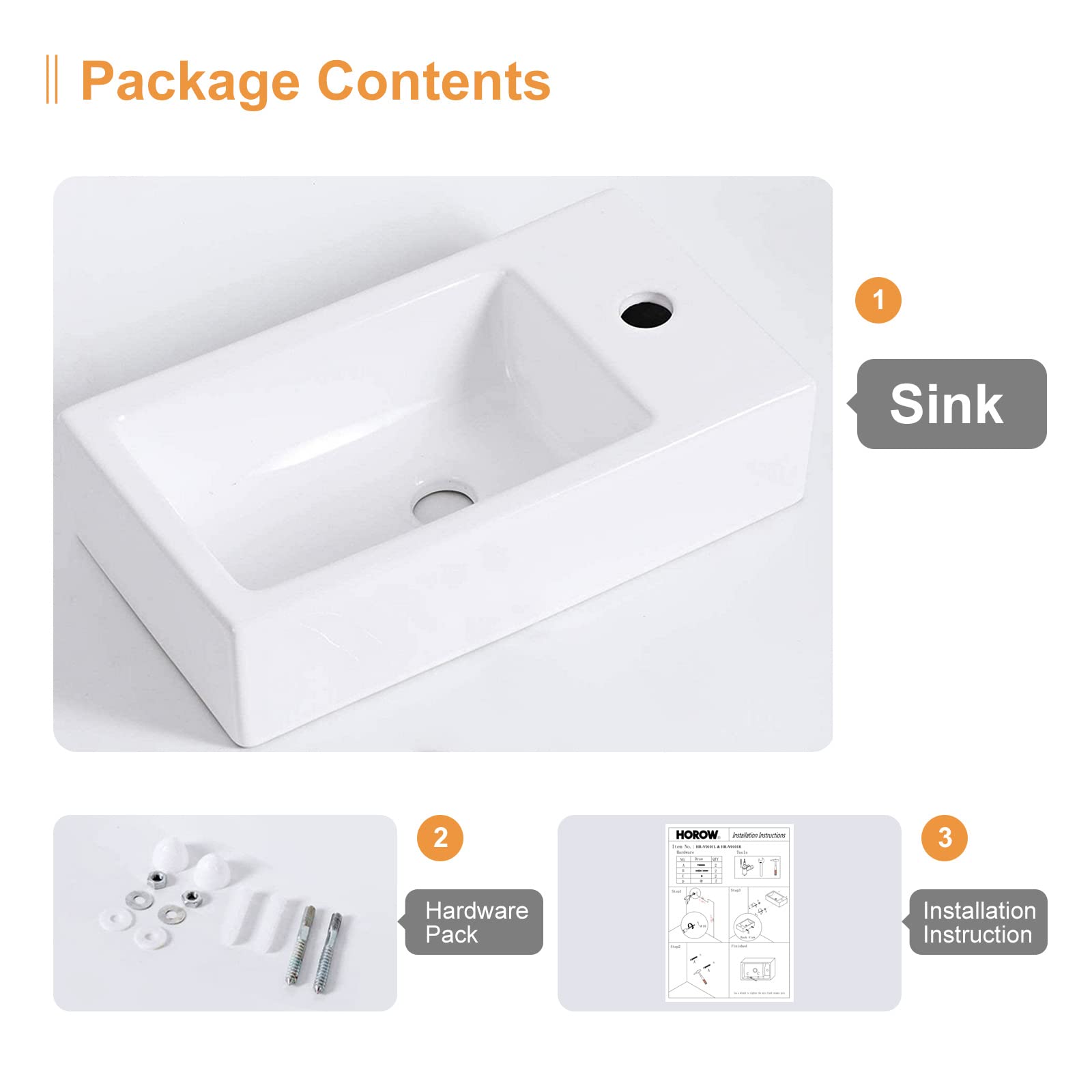 HOROW Bathroom Small Wall Mount Rectangle Sink White Porcelain Ceramic Vessel Sink 18''L x 10''W x 4.72''H (Right Hand)