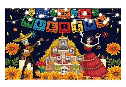 Allenjoy Day of The Dead Dia DE Los Muertos Backdrop Mexican Sugar Skull Flower Tombstone Fiesta Marigold Carnival Dress-up Party Background Cake Table Decor Photoshoot Photo Booth Studio Props