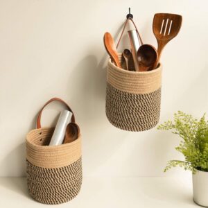 Goodpick 2pack Jute Rope Hanging Basket - 7.87" x 7" Small Woven Fern Wall Hanging Basket Flower Plants, Jute Woven Basket Key Storage Basket, Black and Jute