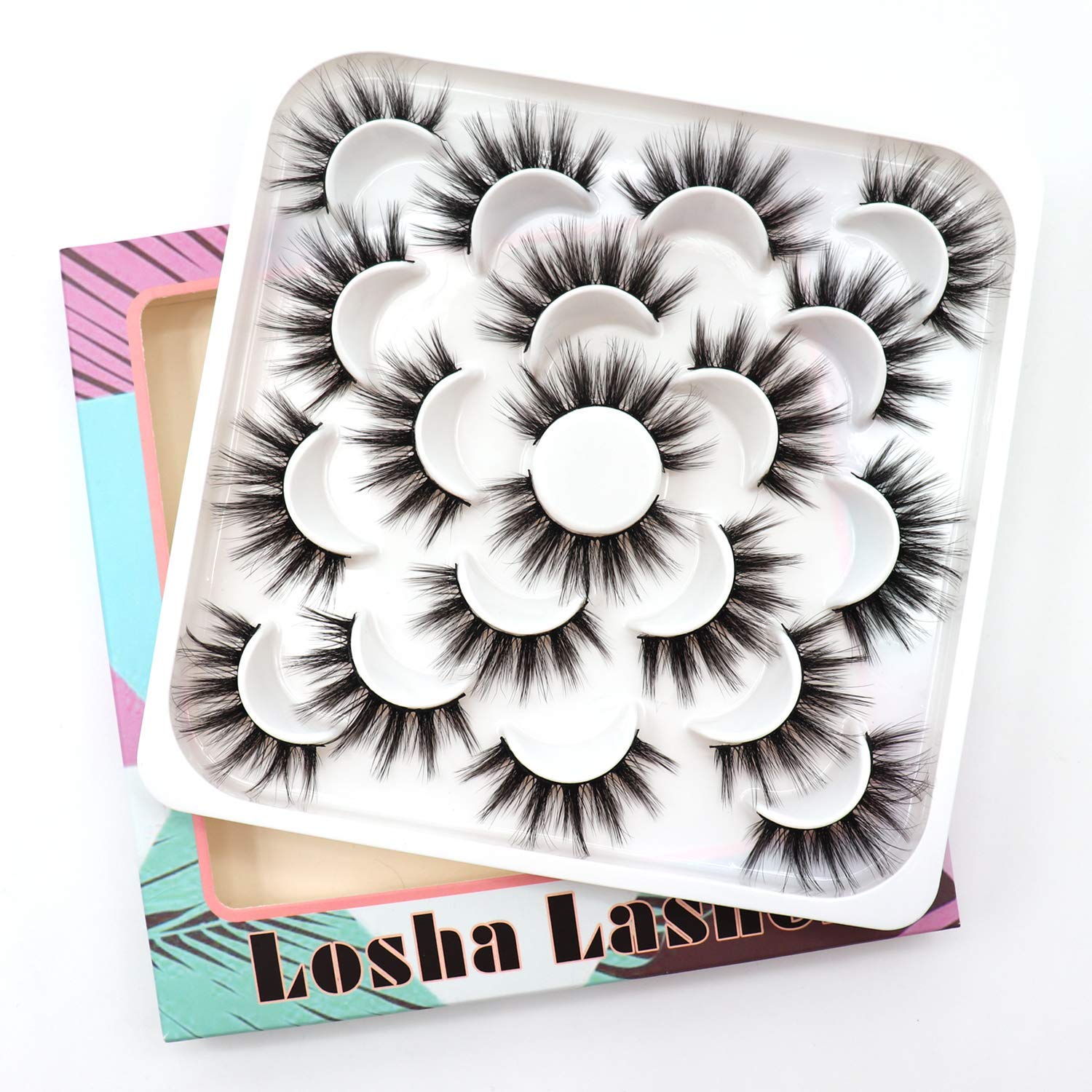 Losha False Eyelashes 10 Pairs Value Pack Faux Mink Lashes Handmade Dramatic Long Thick Soft Reusable 3D Volume Fake Eyelashes (Glam)