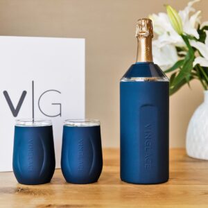 Vinglacé Wine Bottle Chiller Gift Set- Portable Stainless Steel Wine Cooler with 2 Stemless Wine Glasses, Navy