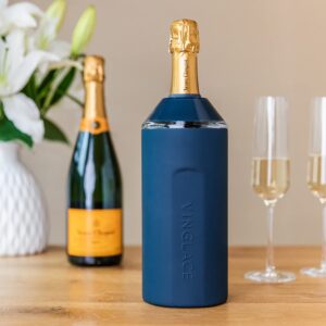 Vinglacé Wine Bottle Chiller Gift Set- Portable Stainless Steel Wine Cooler with 2 Stemless Wine Glasses, Navy