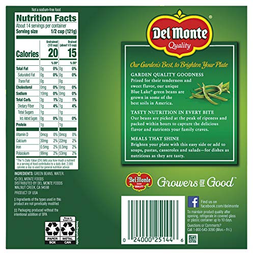 Del Monte Cut Blue Lake Green Beans With No Added Salt 4-14.5 Oz. Can, 14.5 Oz