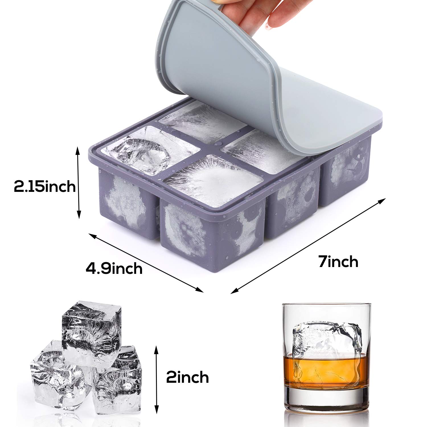 Large Square Ice Cube Tray with lid, Big Block Ice Cube 2 Inch, Giant Cocktail Silicone Ice Maker, Scotch Whiskey Ice Cube, Easy Release Reusable Ice Cubes for Soup Freezer Wine Juice