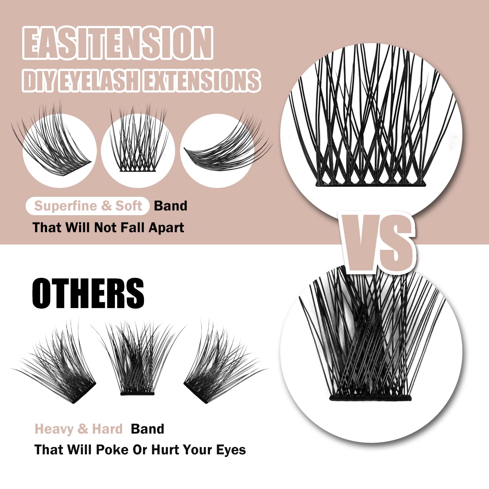 EASITENSION DIY Eyelash Extension, 3D Effect Glue Bonded Band Cluster Lashes Individual Lash Clusters Volume Lashes Set, At Home Eyelash Extension, C curl Lashes Pack 12mm,14mm (KIT)