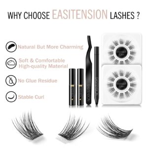 EASITENSION DIY Eyelash Extension, 3D Effect Glue Bonded Band Cluster Lashes Individual Lash Clusters Volume Lashes Set, At Home Eyelash Extension, C curl Lashes Pack 12mm,14mm (KIT)