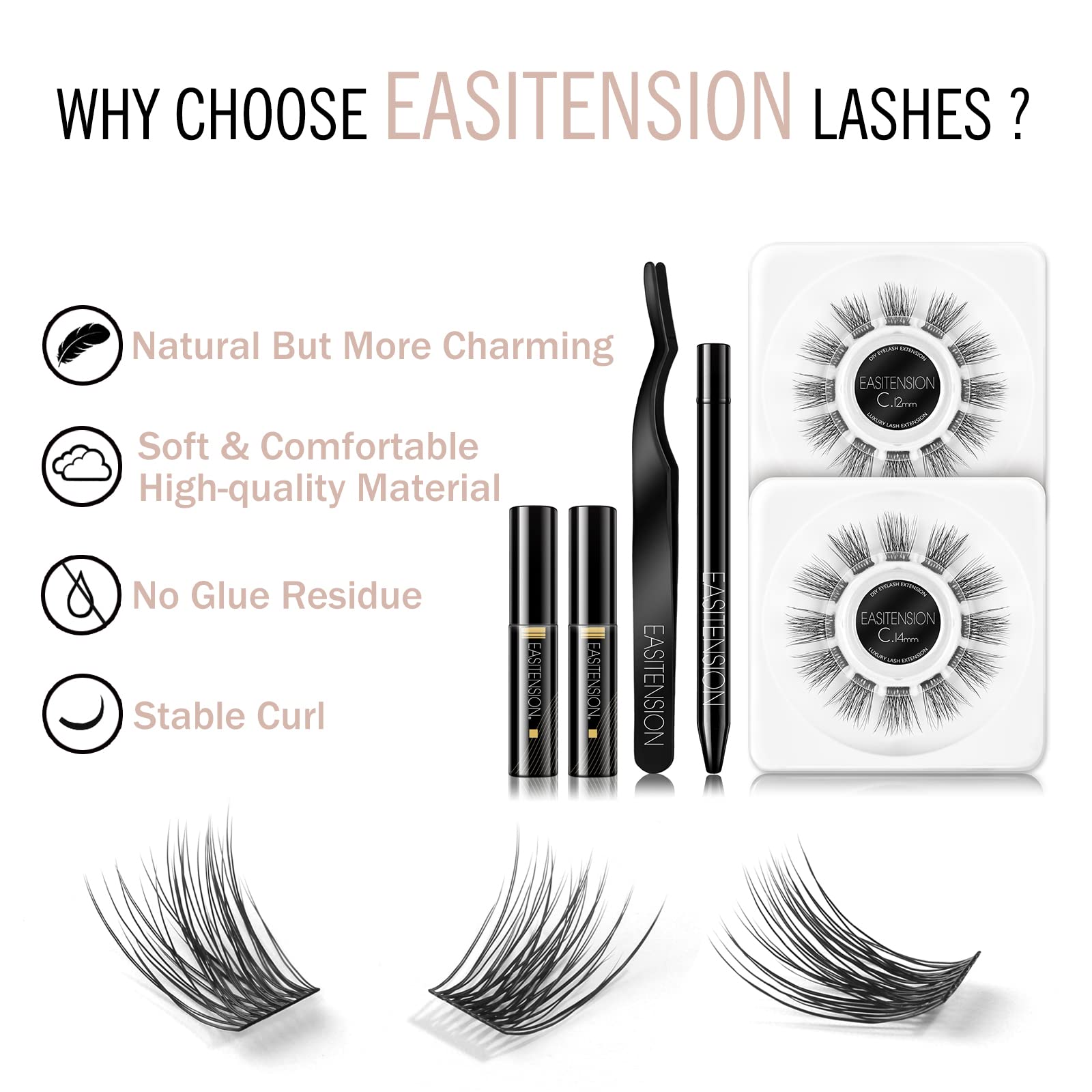 EASITENSION DIY Eyelash Extension, 3D Effect Glue Bonded Band Cluster Lashes Individual Lash Clusters Volume Lashes Set, At Home Eyelash Extension, C curl Lashes Pack 12mm,14mm (KIT)