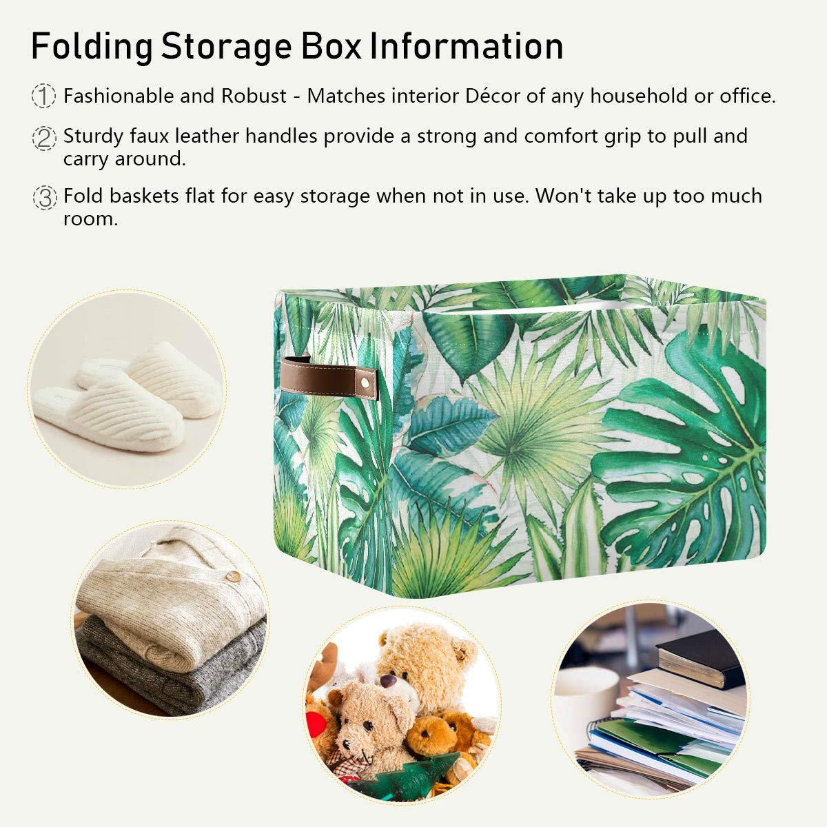 Palm Leaves Storage Basket Bin Summer Palm Tree Large Fabric Toys Storage Cube Box with Handles Collapsible Closet Shelf Cloth Organizer Basket for Nursery Bedroom