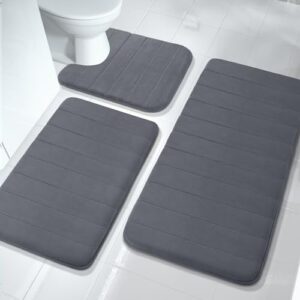 yimobra 3 pieces memory foam bath mat sets, 44.1x24 + 31.5x19.8 and u-shaped for bathroom rugs, toilet mats, non-slip, soft comfortable, water absorption, machine washable, dark gray