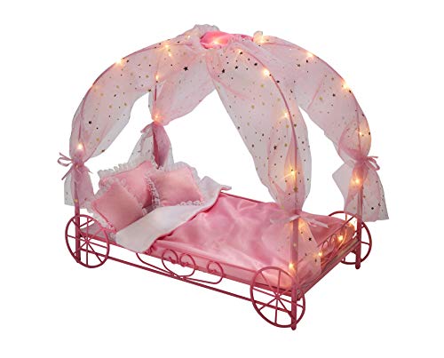 Badger Basket Toy Royal Doll Carriage Bed with Canopy, Bedding, and LED Lights for 18 inch Dolls -Pink/Stars