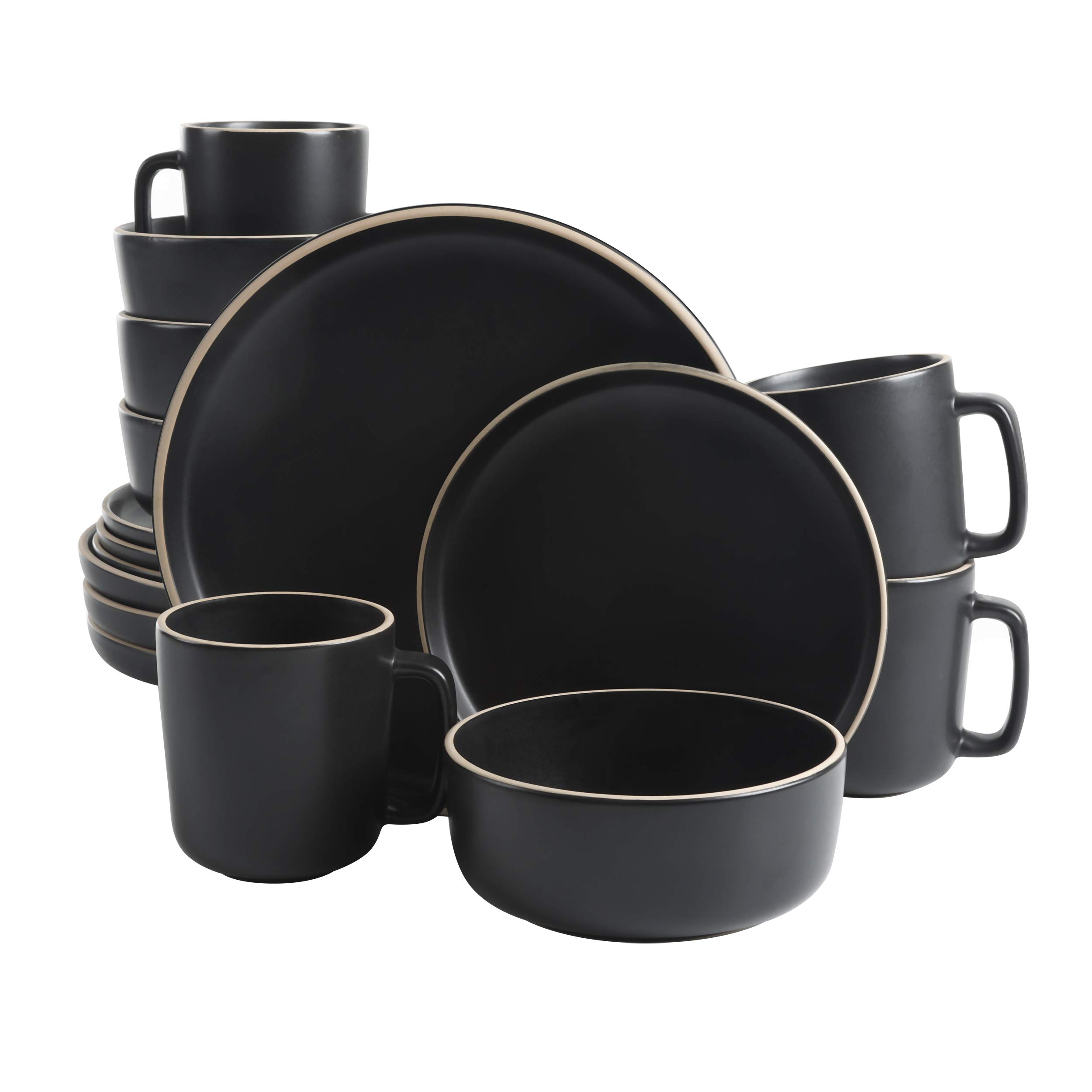 Gibson Home Zuma 16 Piece Round Kitchen Dinnerware Set, Dishes, Plates, Bowls, Mugs, Service for 4, Matte Stoneware, Black