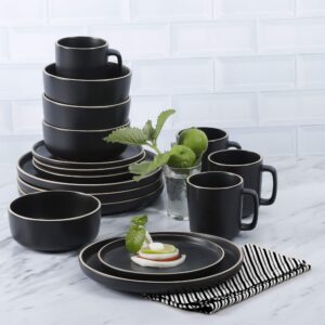 Gibson Home Zuma 16 Piece Round Kitchen Dinnerware Set, Dishes, Plates, Bowls, Mugs, Service for 4, Matte Stoneware, Black