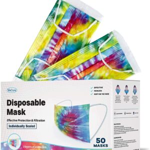 WECARE Disposable Face Mask Individually Wrapped - 50 Pack, Tie Dye Masks 3 Ply