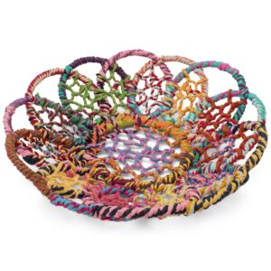 India Handicrafts Colorful Rainbow Flower Multicolor 16 inch Jute Shelf Basket