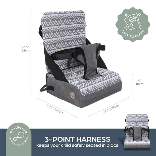 Dreambaby Grab ‘N Go Travel Booster Seat with Built-in Storage Space, Portable Highchair Booster Seat for Tables, High-Back Seat and Foldable for Baby Travel, Secured with a 3-Point Harness, Grey