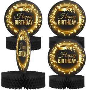 happy birthday table decorations centerpieces - 4-pack double sided happy birthday centerpieces for tables - 12” black and rose gold birthday party decorations centerpieces