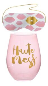 slant collections creative brands 2-piece wine glass and eye mask set, 20-ounce, haute mess