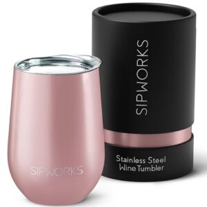 sipworks wine tumbler with lid - 12 oz stainless steel tumblers with removable lid & double walled vacuum insulation - leakproof, shatterproof insulated wine tumbler for travel - rose gold
