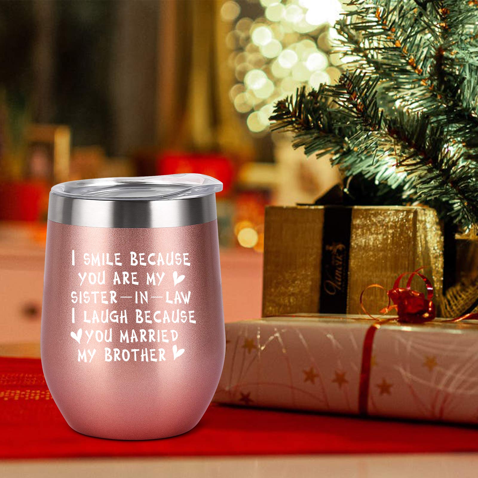 Sister in Law Gifts, I Smiled Because You're My Sister in Law Wine Tumbler with Lid, Wedding Christmas Birthday Gifts for Sister in Law, Bride, Stainless Steel Insulated Tumbler (12 Oz, Rose Gold)