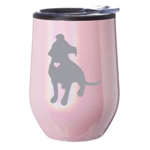 stemless wine tumbler coffee travel mug glass with lid cute pit bull with heart (pink iridescent glitter)