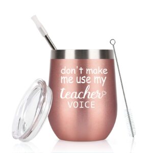 teacher gifts, don't make me use my teacher voice wine tumbler, christmas birthday gifts for teacher professor appreciation, insulated stainless steel stemless tumbler with lid(12oz, rose gold)