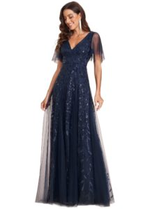 ever-pretty women's sequin sparkly v-neck short sleeve maxi evening dress prom gowns navy blue us10