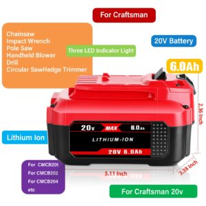 JIALIPOK CMCB202 20V 6.0Ah Replacement Battery for Craftsman V20 20V Lithium Battery CMCB205 CMCB204 CMCB204-2 CMCB202 CMCB202-2 CMCB201 CMCB206 CMCS500B CMCD700C Craftsman 20 Volt Battery (2 Packs)