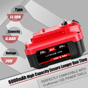 JIALIPOK CMCB202 20V 6.0Ah Replacement Battery for Craftsman V20 20V Lithium Battery CMCB205 CMCB204 CMCB204-2 CMCB202 CMCB202-2 CMCB201 CMCB206 CMCS500B CMCD700C Craftsman 20 Volt Battery (2 Packs)