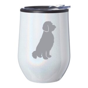 stemless wine tumbler coffee travel mug glass with lid goldendoodle (white iridescent glitter)
