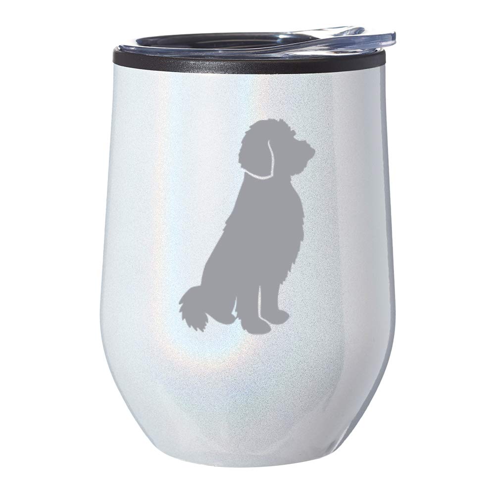 Stemless Wine Tumbler Coffee Travel Mug Glass With Lid Goldendoodle (White Iridescent Glitter)