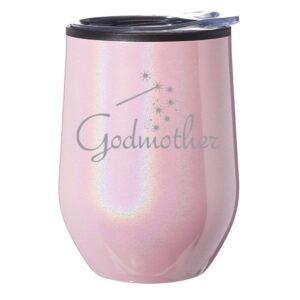 stemless wine tumbler coffee travel mug glass with lid godmother (pink iridescent glitter)