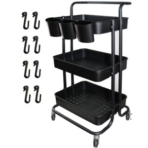 piowio 3 tier utility rolling cart multifunction organizer shelf storage cart with handle and lockable wheels for home kitchen bathroom laundry room office store etc. (black)