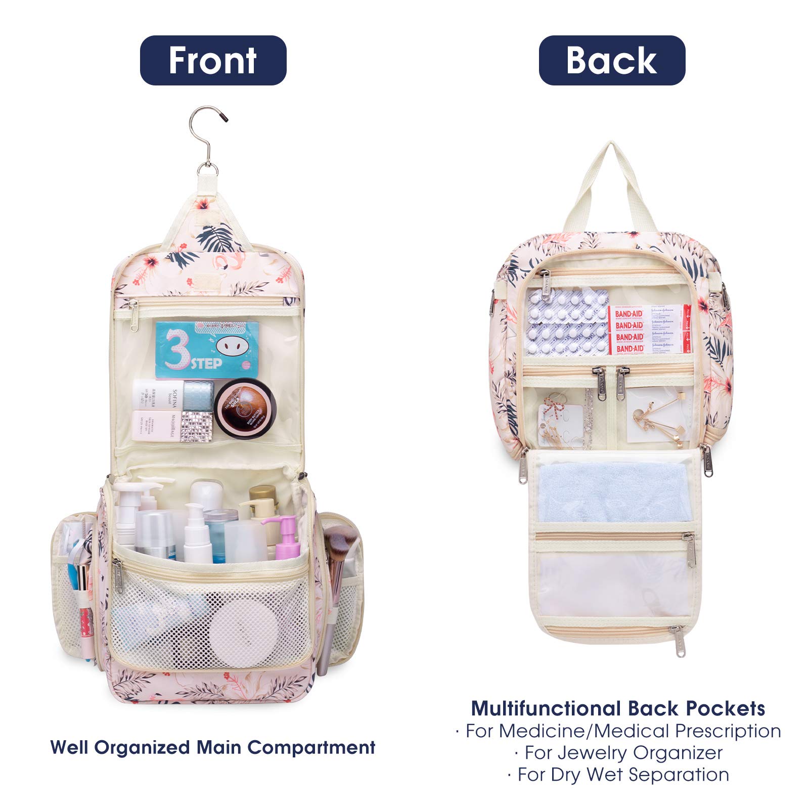 WANDF Hanging Toiletry Bag for Women Bathroom Bag with Jewellery Bag and Clear Wet Separation Compartments Water-resistant Travel Toiletry Organizer