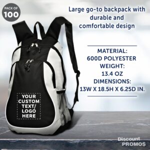 DISCOUNT PROMOS Custom Large Sports Backpacks Set of 100, Personalized Bulk Pack - Bring Everywhere You Go, Perfect for Travellers and Great for Everyday Use - Grey