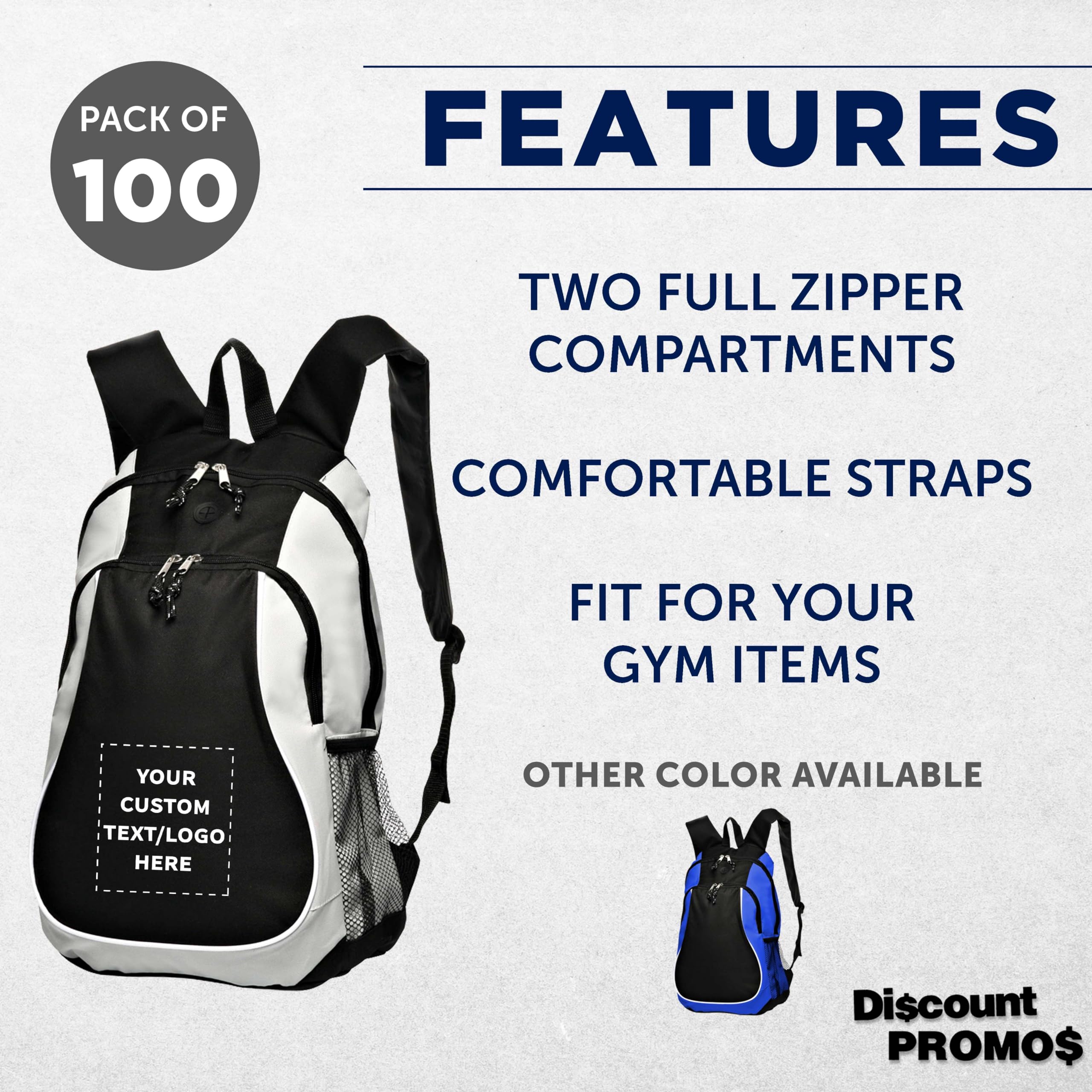 DISCOUNT PROMOS Custom Large Sports Backpacks Set of 100, Personalized Bulk Pack - Bring Everywhere You Go, Perfect for Travellers and Great for Everyday Use - Grey