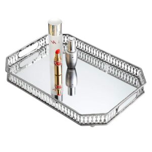 hipiwe vanity makeup mirror tray - 13.8" x10" metal jewelry trinket organizer tray cosmetic perfume tray home decorative tray for dresser bathroom bedroom countertop,large size