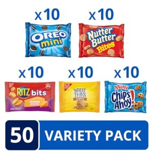 OREO Mini Cookies, Mini CHIPS AHOY! Cookies, RITZ Bits Cheese Crackers, Nutter Butter Bites & Wheat Thins Crackers, Nabisco Cookie & Cracker Variety Pack, 50 Snack Packs